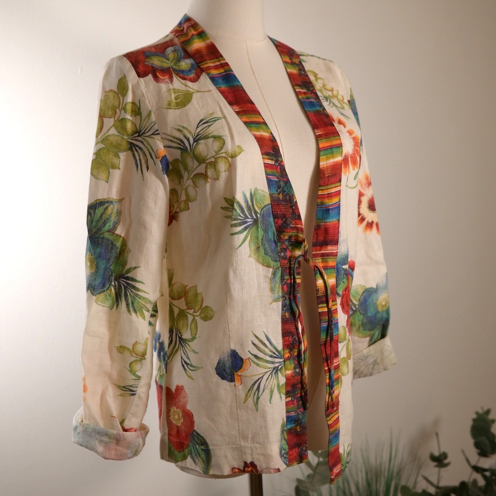 Chicos Floral Linen Jacket Ivory Multi Color Striped Trim Open Front Size 0 S